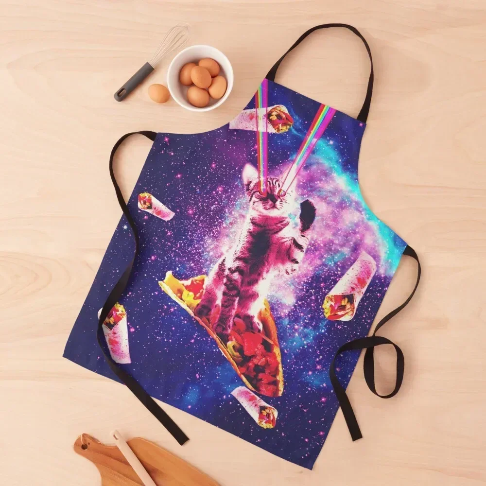 

Outer Space Taco Cat - Rainbow Laser Eyes, Burrito Apron kitchen item for kitchen useful For Women For Girl Apron