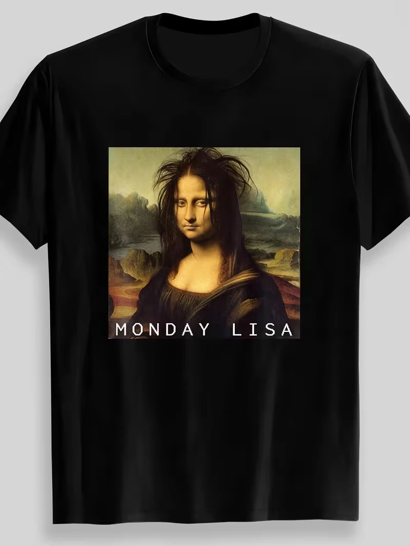 Funny Mona Lisa Parody Graphic Men's T Shirt Women Cotton Tee Oversized Summer Spring Novelty Streetwear Top Humorous Art O-Neck
