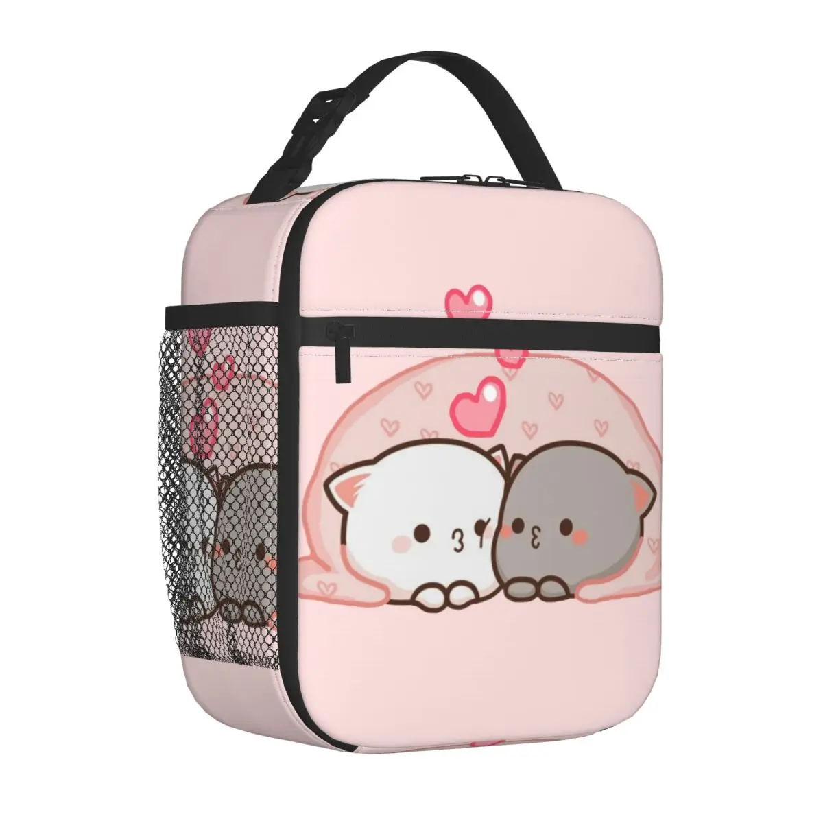 Cute Mochi Cat Peach And Goma Love Kiss Insulated Lunch Tote Bag for Women Portable Cooler Thermal Food Lunch Box Camping Travel