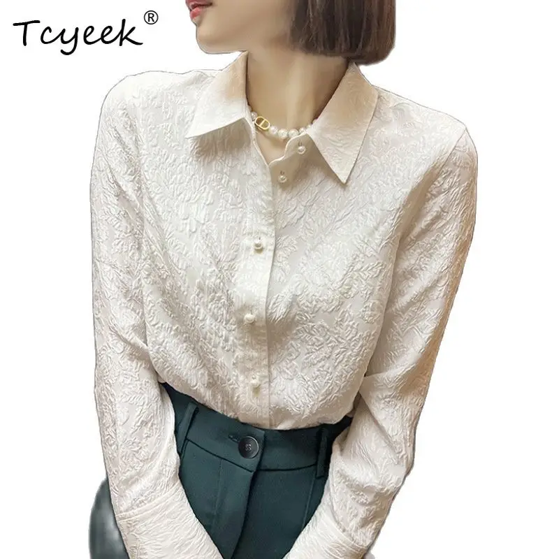 

Tcyeek 100%Real Silk High End Heavyweight Shirts for Women Solid Color Designed Chic Shirt Autumn Winter Blouses Tops T38370QM