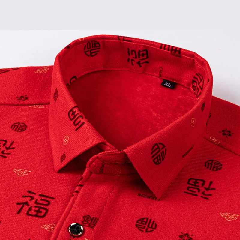 Plus Größe Neue Festliche Winter Warme Verdickte Langarm Shirts Für Männer Einzelne Tasche Casual Trends Mode Elegante Druck Kleidung