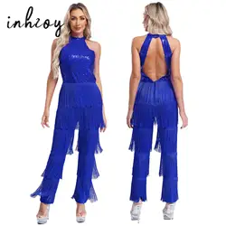 Latin Dance Dresses For Womens Ballroom Fringe Tassel Rompers Jumpsuit Sequin Fringe Cha-cha Salsa Samba Performance Costume
