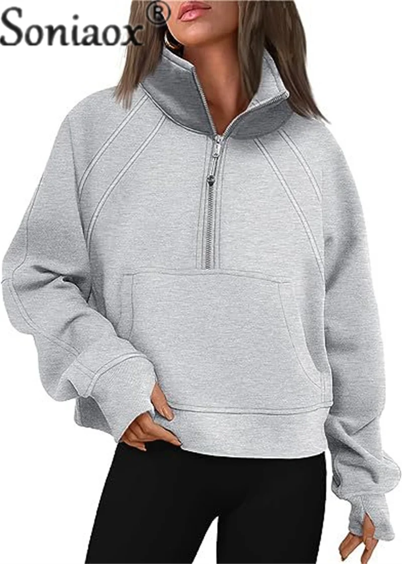 Sweter wanita setengah kardigan, pakaian luar Hoodie kerah berdiri musim gugur musim dingin, sweter tebal kantong kanguru