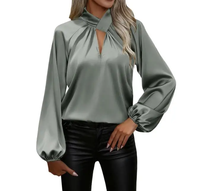 

Женская шифоновая блузка: Новинка весны, французский элегантный стиль, модный дизайн с вырезами, шелковый атлас, высококачественная приталенная шифоновая блузка