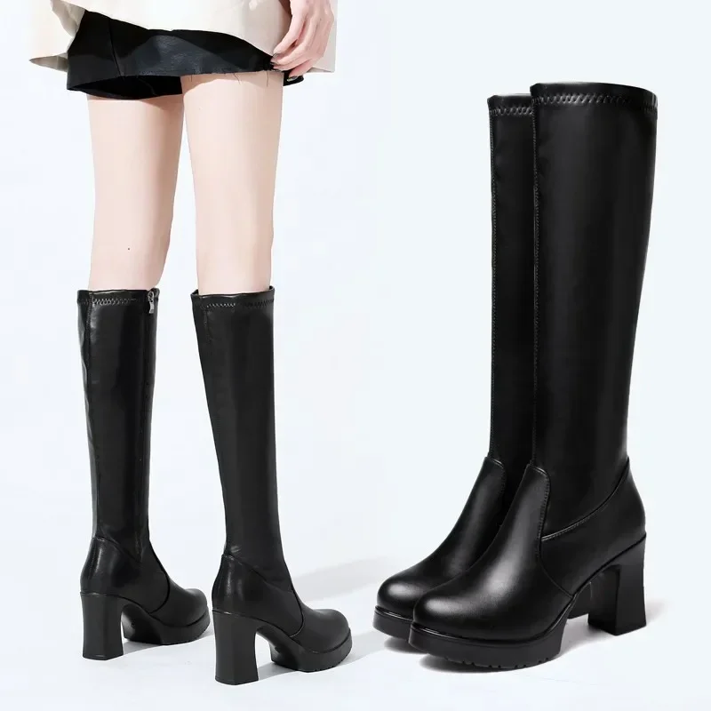 Winter Women Chelsea Knee High Heels Boots 2024 Thick Casual Shoes Motorcycle High Boots Pumps Black Women Zipper Fashion Boots