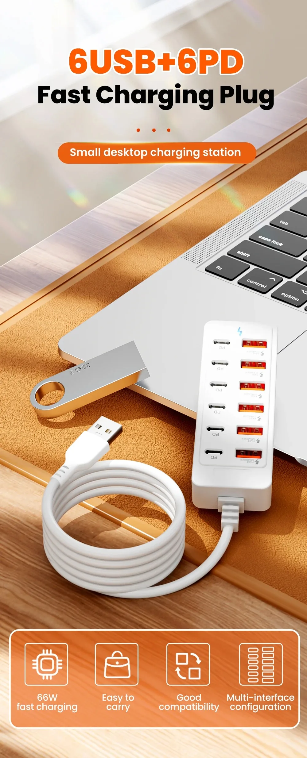 Auto-Schnellladegerät mit Mehrfachanschlüssen, 6-Port USB-Hub-Adapter Telefonladegerät & Stromanzeige, Kompatibel mit USB-C/USB-A-Geräten – Detail 2