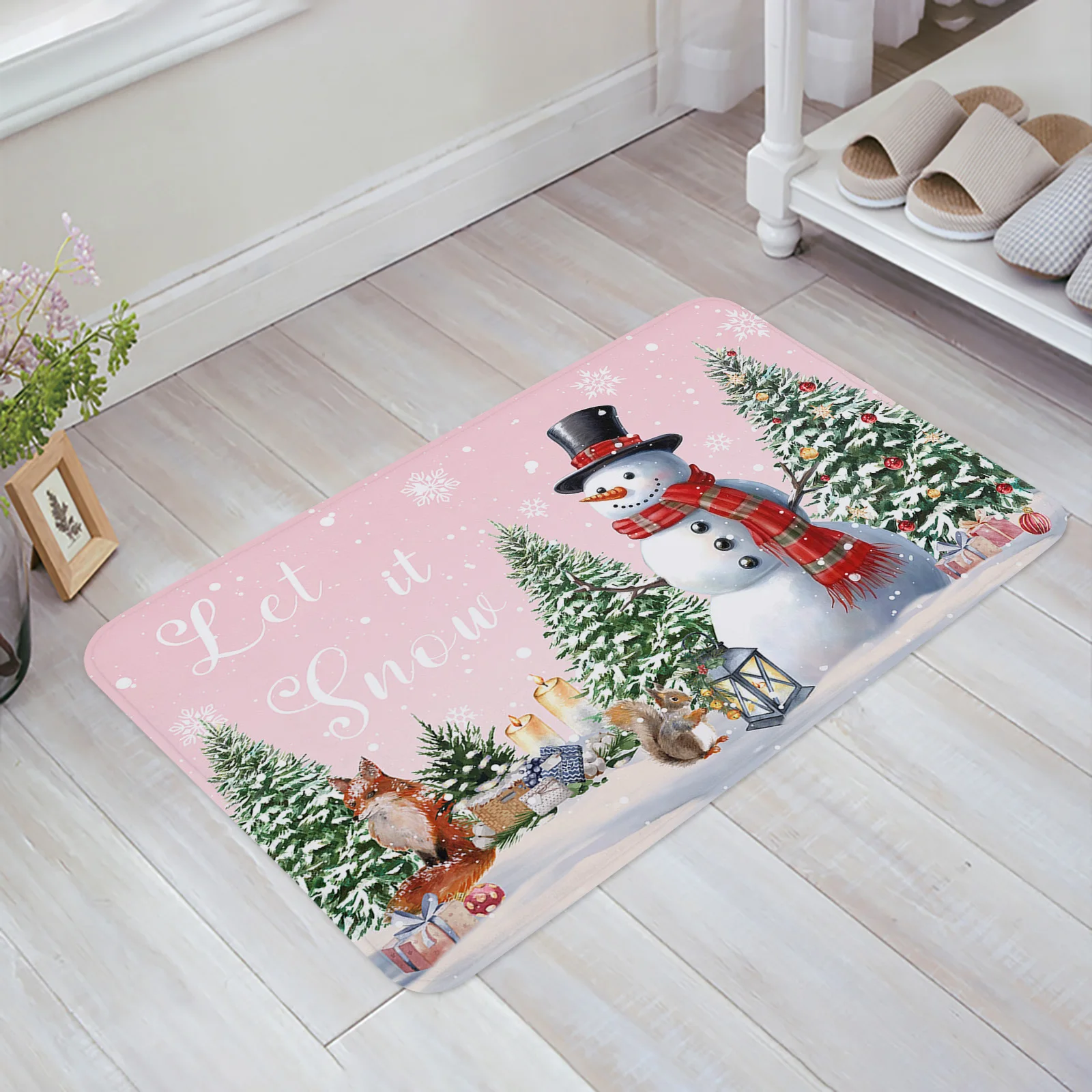 Winter Christmas Tree Snowman Snowflake Pink Doormat Home Decorations Carpet Navidad Ornament New Year Xmas Party Decor Rug Mat