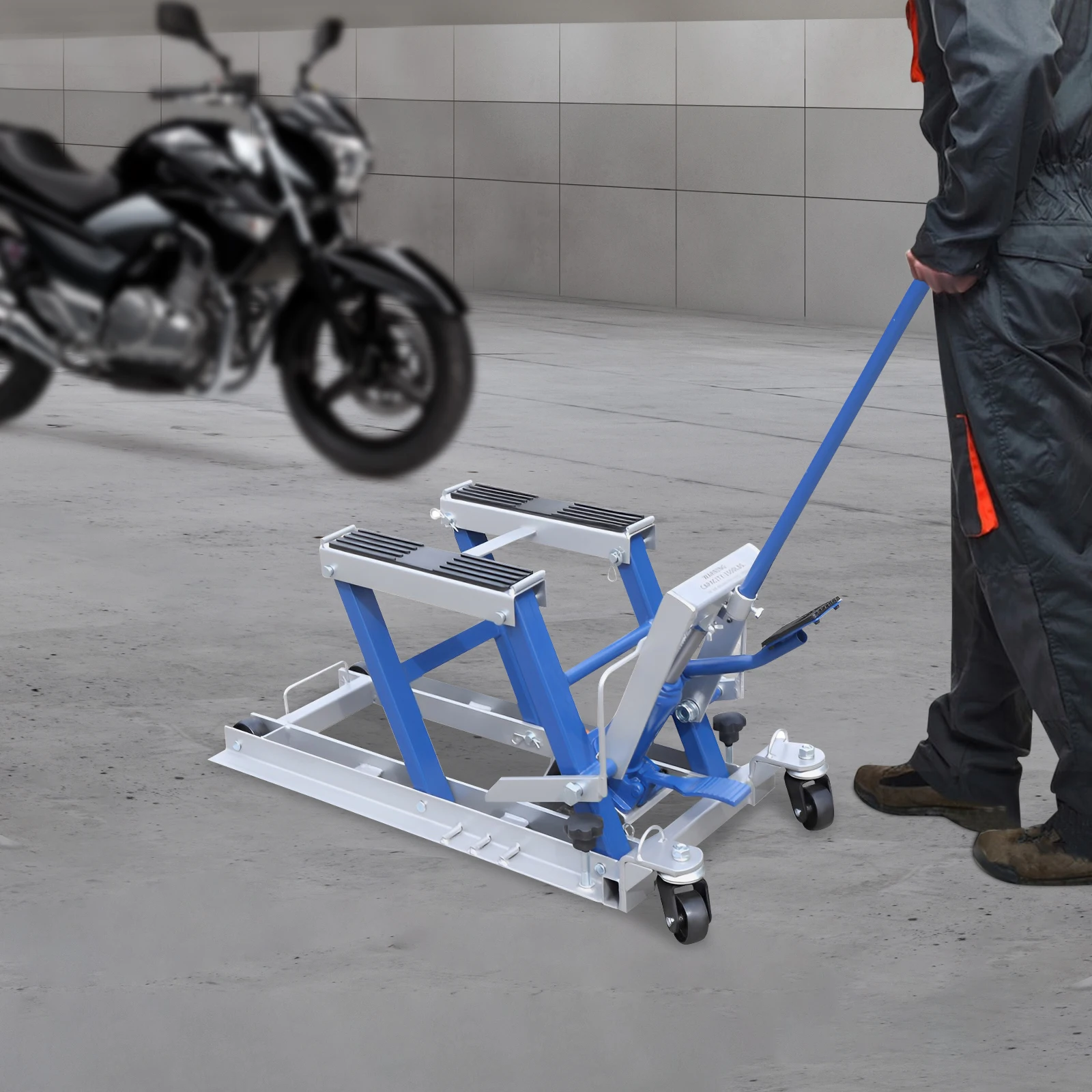 رافعة هيدروليكية للدراجة النارية 680 كجم، رافعة مقصية هيدروليكية أسطوانية حمراء/زرقاء، حامل إصلاح رافعة الدراجة، مصعد خدمة الدراجة النارية