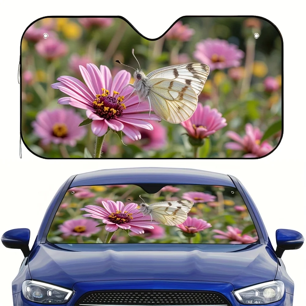 

1pc Butterfly Elegance Car Sun Visor - Floral Butterfly & Pink Coneflowers Design, Fit For Cars, Quick Sunlight Blocking, Glare