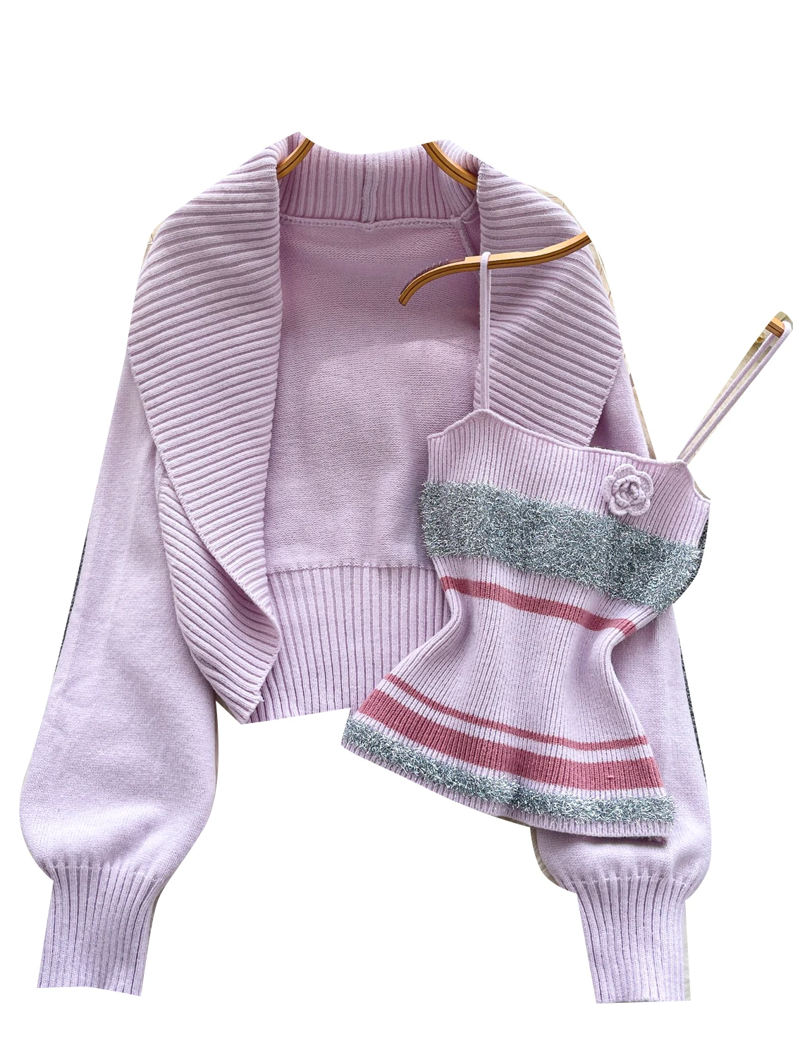 엘리 니트 오픈 가디건 스웨터 여성용 스트라이프 튜브탑 베스트 가을 패션 세트 하이웨이스트 슬림핏