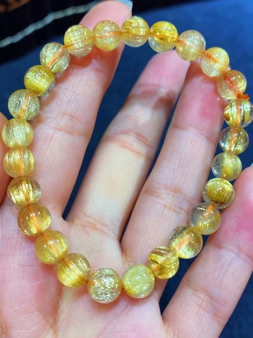 Natural Gold Rutilated Quartz Titanium Bracelet 7.7mm Wealthy Woman Men Clear Round Beads Jewelry From Brazil AAAAAAA