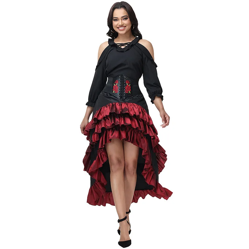Tavern Dancer Role Play Costume Medieval Ruffle High Low Dress Halloween Performance Wear