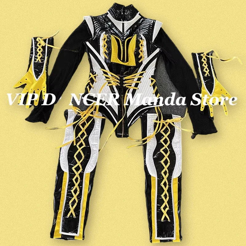 Drag Queen Outfit Yellow Black Stage Costume Hollow Out Jumpsuit Gogo Dancer Clothing Nightclub Jazz Dance Rave Wear VDB6087