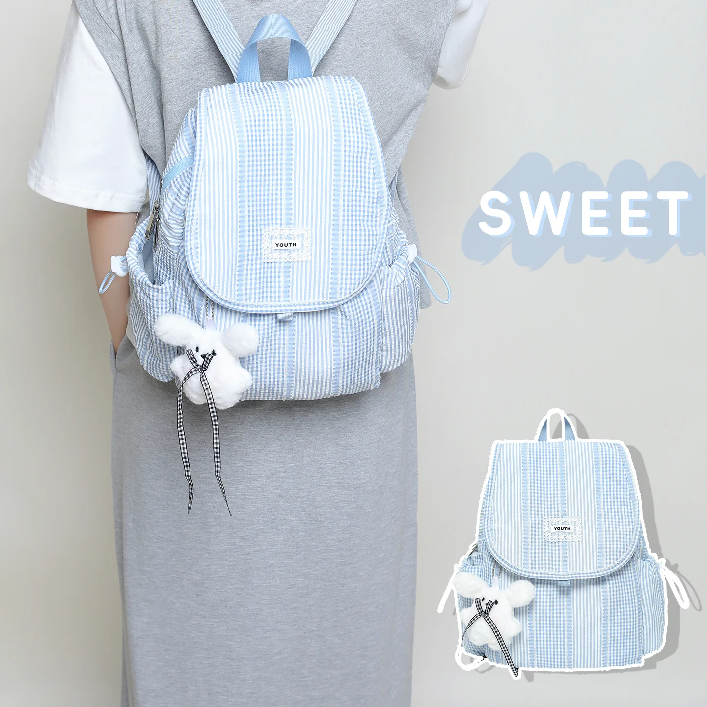 Lightweight polyester student schoolbag, niche checkered color-blocking casual small backpack, women's flip cover backpack