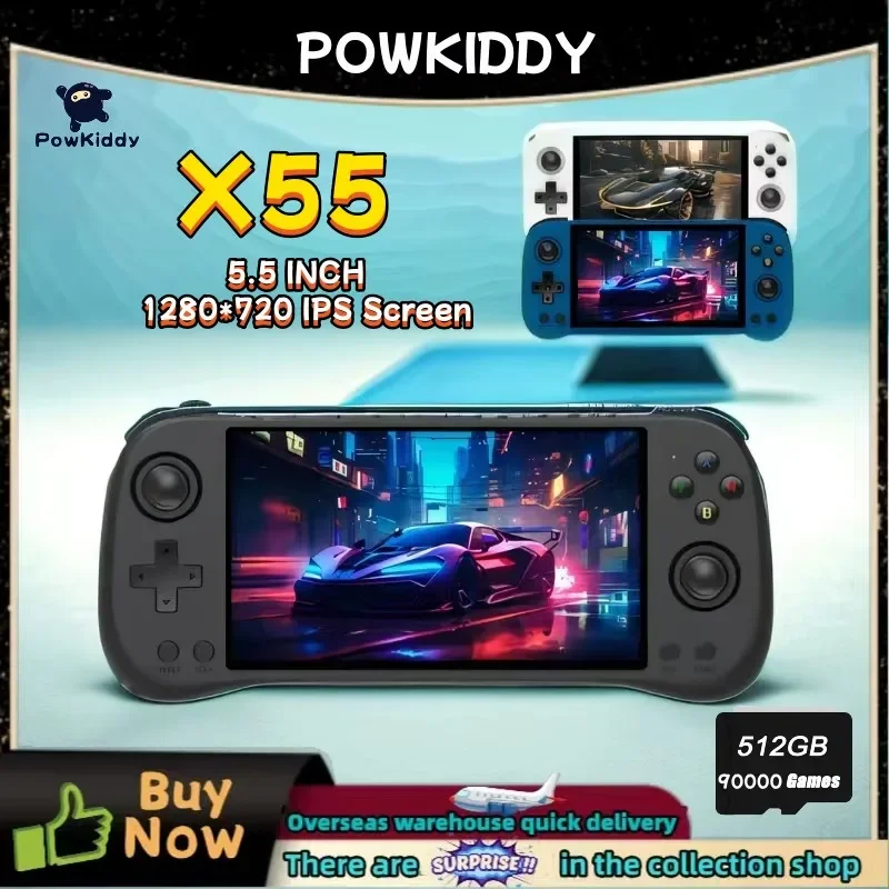 

POWKIDDY X55 Handheld Game Console 5.5 INCH IPS Screen RK3566 Open-Source Linux System 4000 MAh TV HDMI LPDDR4X 512G PSP