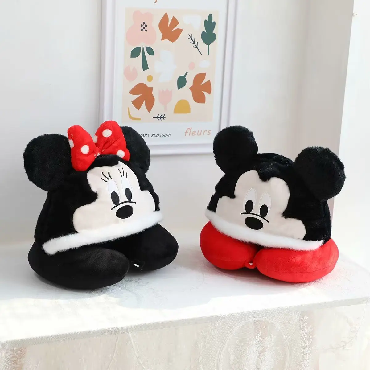 Disney Mickey Minnie Mouse Hooded U-shaped Pillow Disney Minnie Neck Pillow Travel Portable Airplane Pillow Cervical Pillow Gift