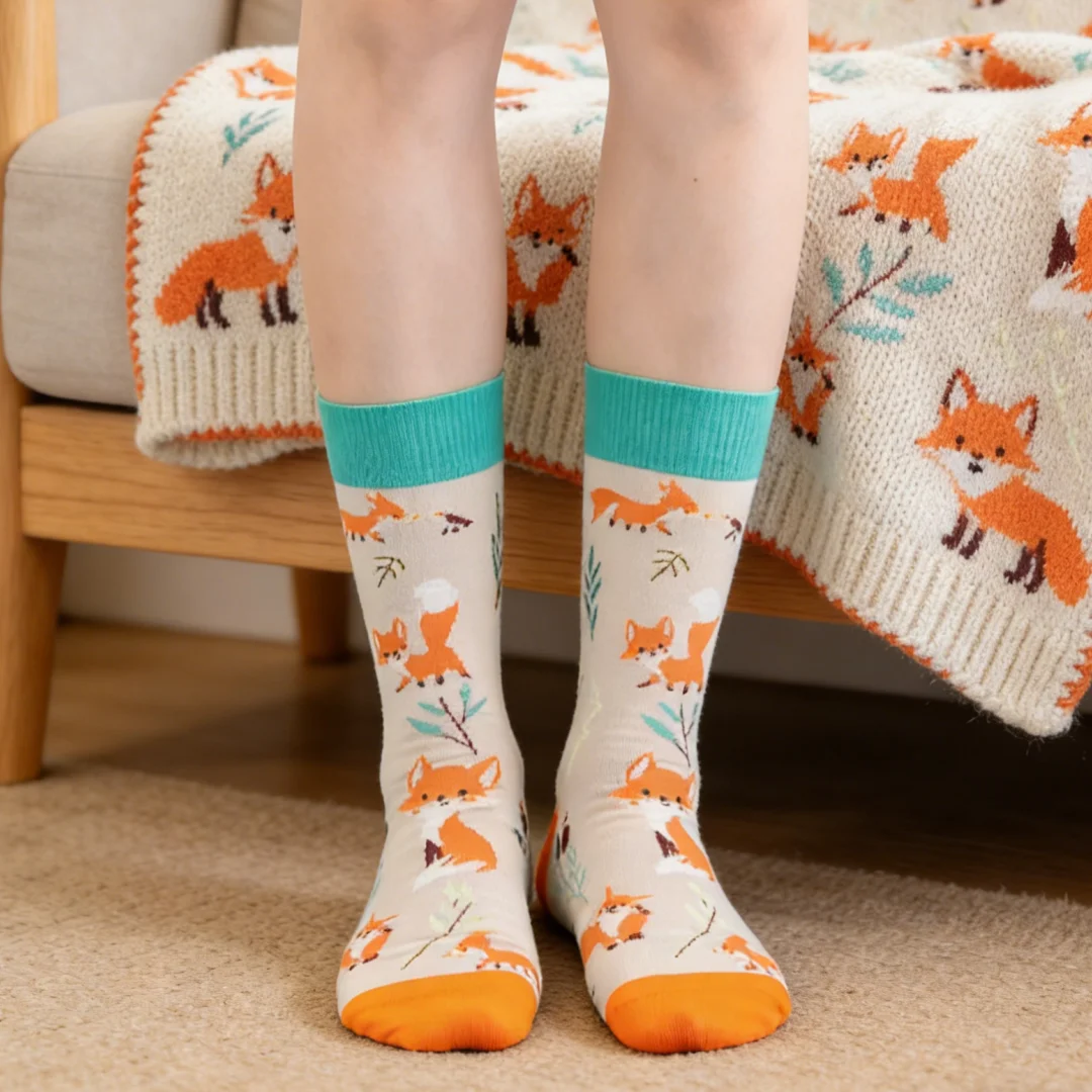 1 Pair Cute Little Fox Designs Socks, Offering  A Fresh and Fashionable Look Perfect For Casual Outfits