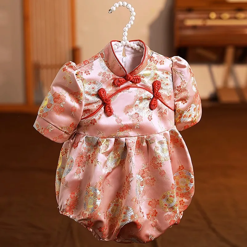 Baby Girl First Birthday Party Dress Chinese Style Qipao Hundred Days One Year Crown Clothes Tang Suit Dress Summer Romper Dress