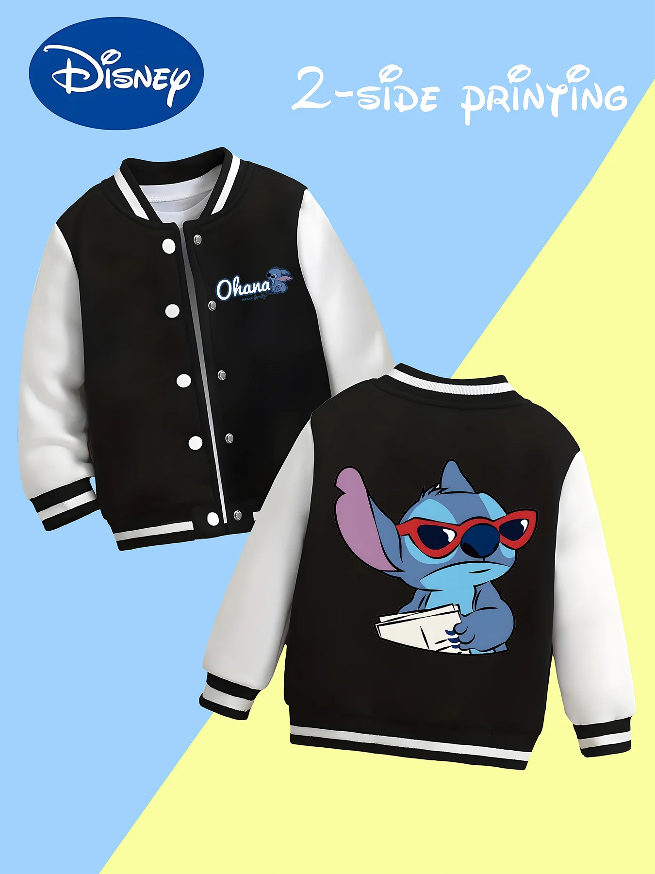 

MINISO Disney Boys' Baseball Jacket - Stitch "OHANA" Sunglasses, Double-sided Stitch Print, Perfect for Trendy Kids on the Go