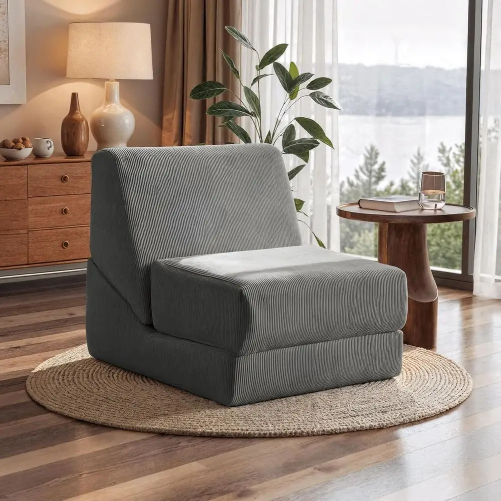 سرير أريكة سروال قصير رمادي قابل للطي، كرسي صالة متعدد الأغراض مع مسند ظهر للمساحات الصغيرة، مثالي للشقق والمساكن #1
