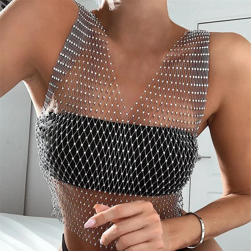 Sexy with Diamond Perspective Mesh Deep V Bare Midriff T Shirt Women Sleeveless TShirt Ladies Tee Shirt Tops Mujer