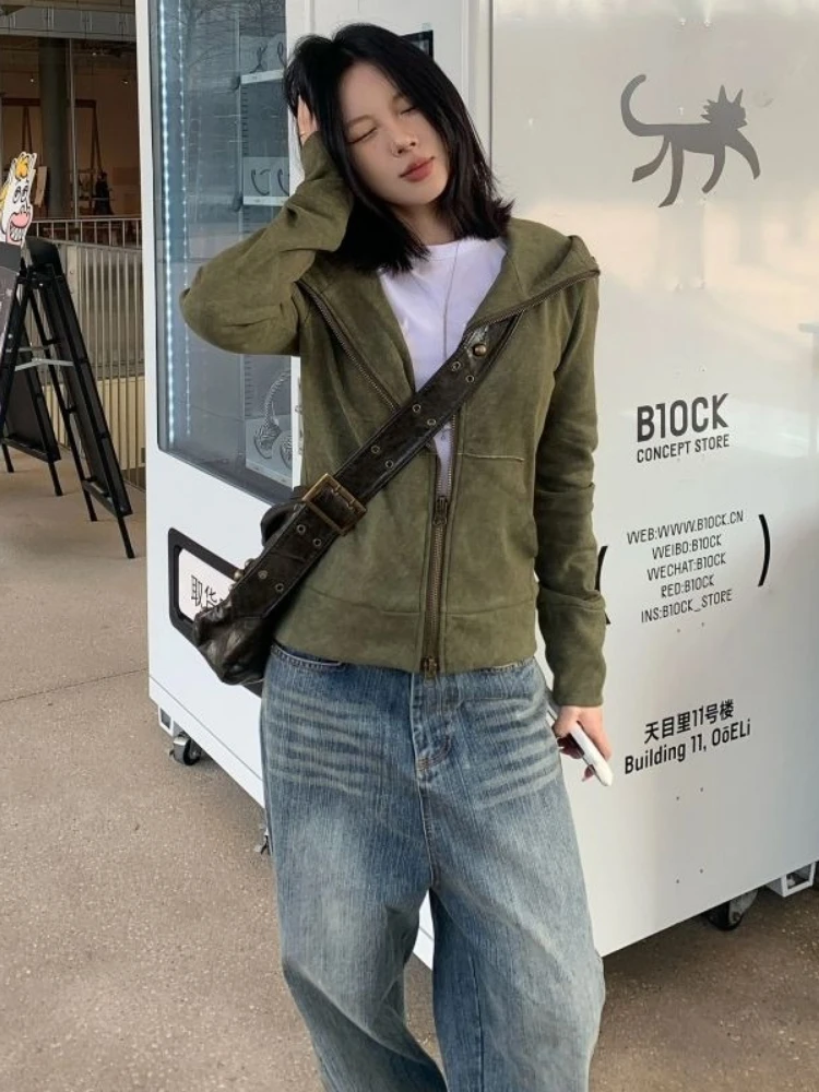 Streetwear vintage verde harajuku hoodies feminino estilo preppy casual solto ​ Moletom com capuz Y2k estético Grunge com zíper