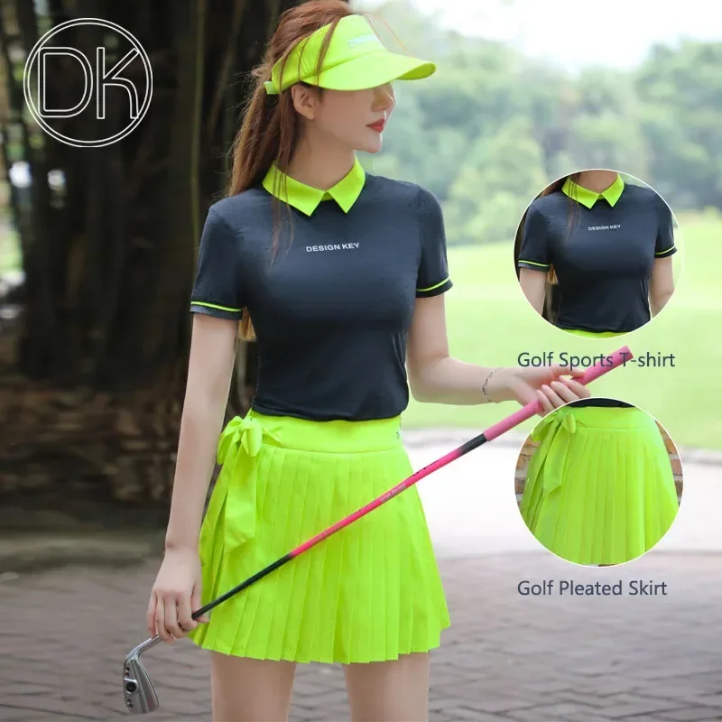 Dk Dames Ademende Golf Poloshirt Slanke Korte Mouw T-Shirt Vrouwen Slanke Mid-Taille Rok Strik Snel Droog Sport Culottes Golfsets