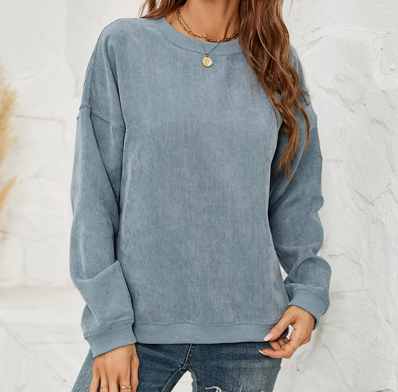 Women's Fashion Corduroy Solid Color Pullover Sweatshirt Casual Women's Clothing Autumn Round Neck Long Sleeved Loose Daily Top