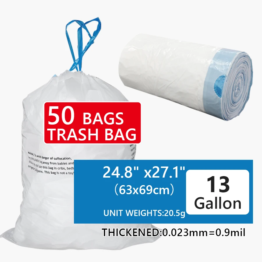 13 Gallon Trash Bags Drawstring- White Garbage Bags Unscented,49.2 Liter Strong for Kitchen Home Office Bathroom,50pcs