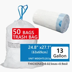 13 Gallon Trash Bags Drawstring- White Garbage Bags Unscented,49.2 Liter Strong  for Kitchen Home Office Bathroom,50pcs