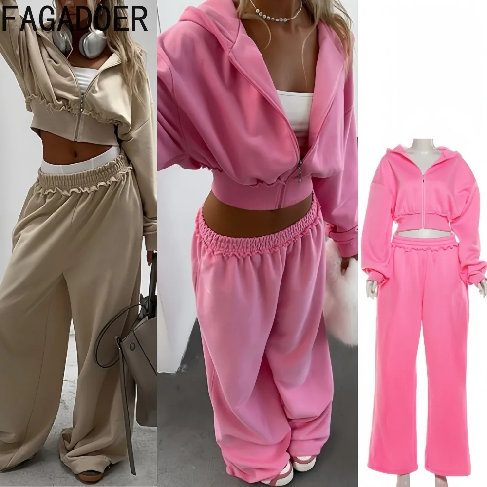 

FAGADOER Casual 2 Pieces Set for Woman Outfit Solid Color Long Sleeves Crop Top and Pants Matching Female Streetwear Clothing