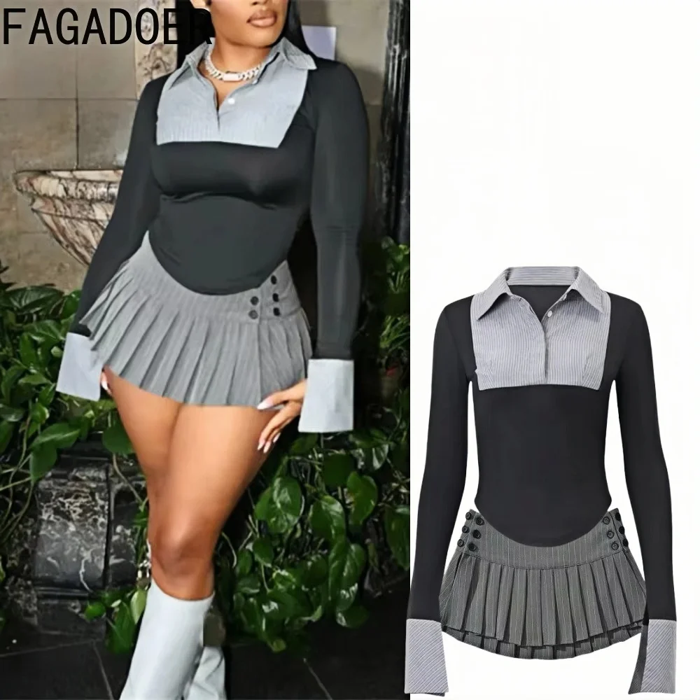 Fagadoer moda conjunto de duas peças para mulheres estilo preppy polo-pescoço botão listra impressão retalhos camisas e saias plissadas ternos