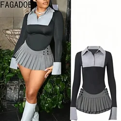 FAGADOER, conjunto de dos piezas a la moda para mujer, estilo Preppy, cuello tipo Polo, botones, estampado de rayas, camisas de retazos y faldas plisadas, trajes