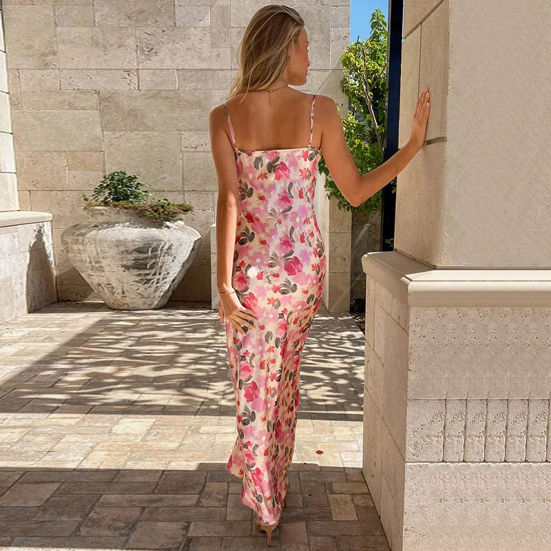 InsLucky-Robe longue à bretelles trapèze pour femme, tenue de plage, de soirée, imprimée de fleurs, en fibre mince, élégante, de bureau, à la mode, été