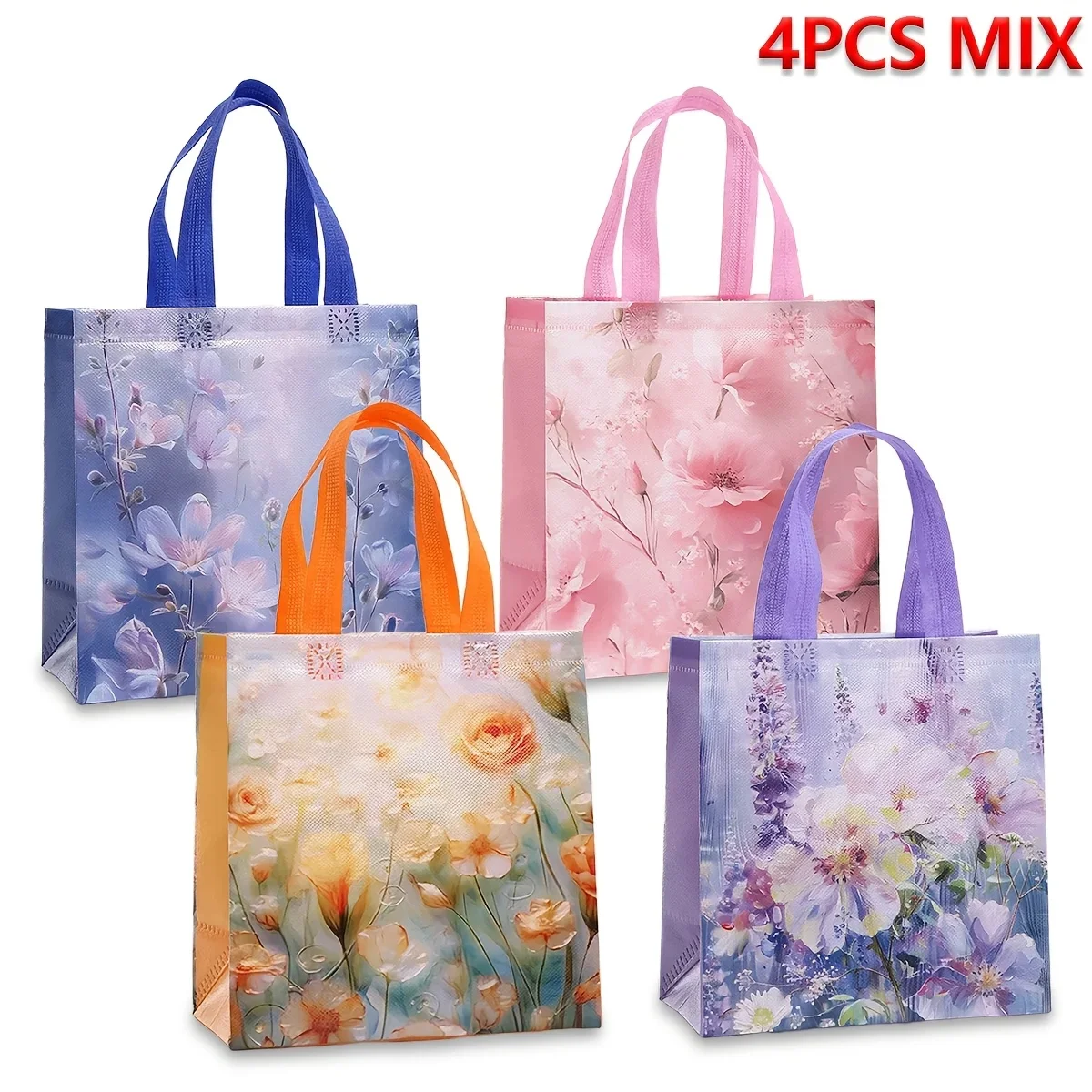

4PCS Oil Painting Style Non Woven Tote Bags, Flower Pattern Printed Gift Shopping Bag for Wedding Birthday Valentine