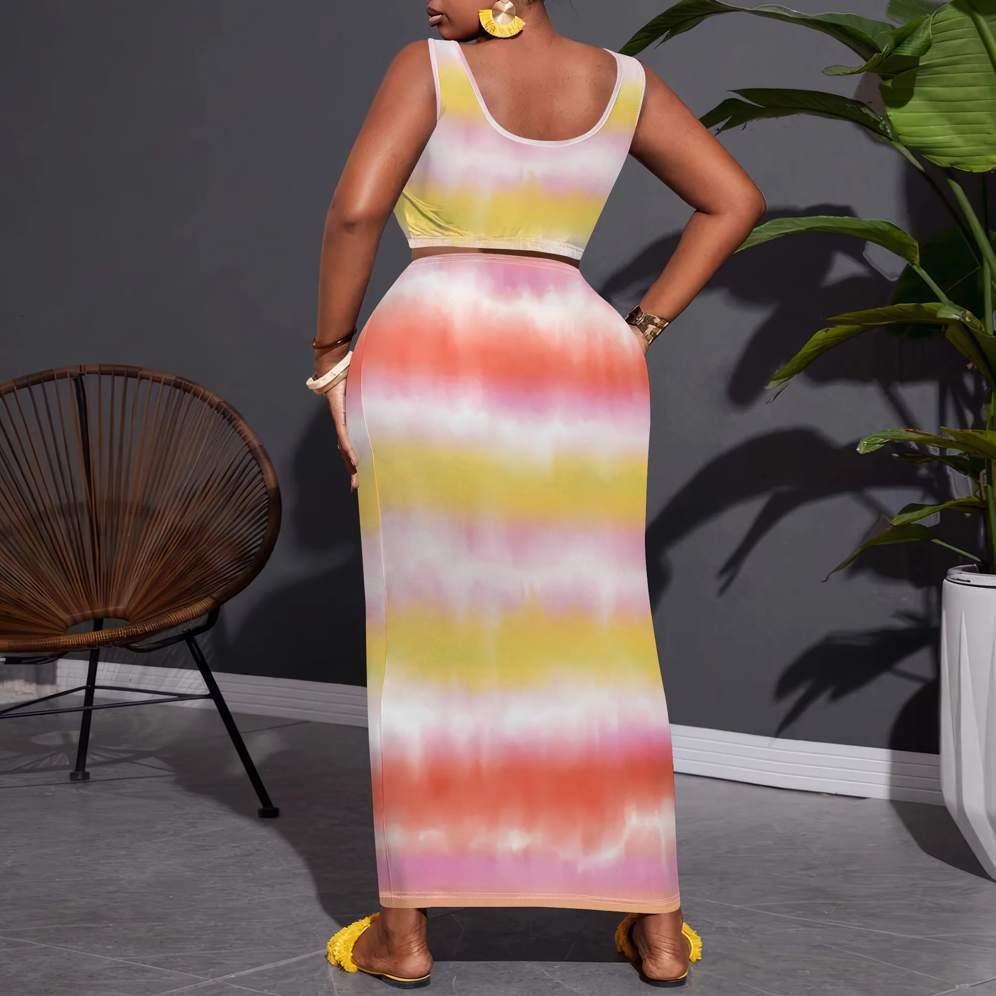 Nupusa tweedelige set met tie-dye print voor dames, grote maten zomer, casual mouwloze crop top en maxi-rokset