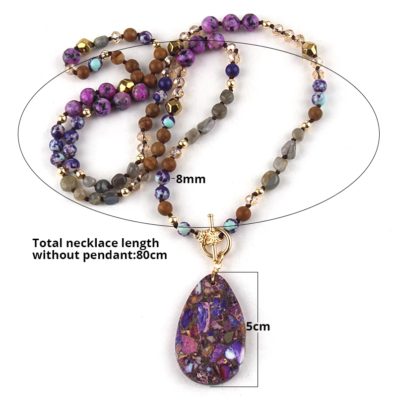 Fashion Bohemian Jewelry Accessory Purple Natural Stone Crystal Glass Knotted Necklace Stone Drop Pendant Necklaces For Women