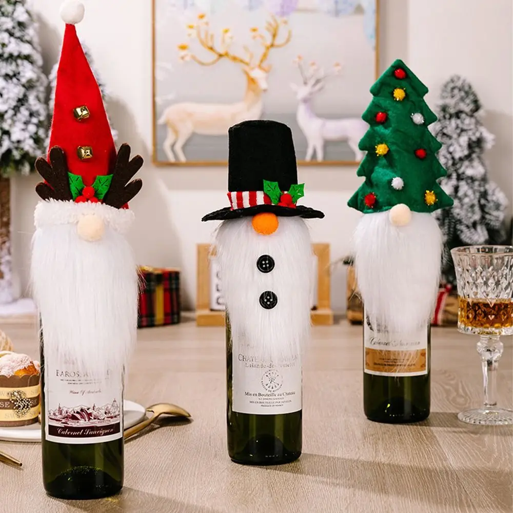 2pcs Crafts Cloth Christmas Tree Wine Bottle Covers Handmade Exquisite Christmas Antlers Hat Funny Soft Dwarf Wine Lid Home