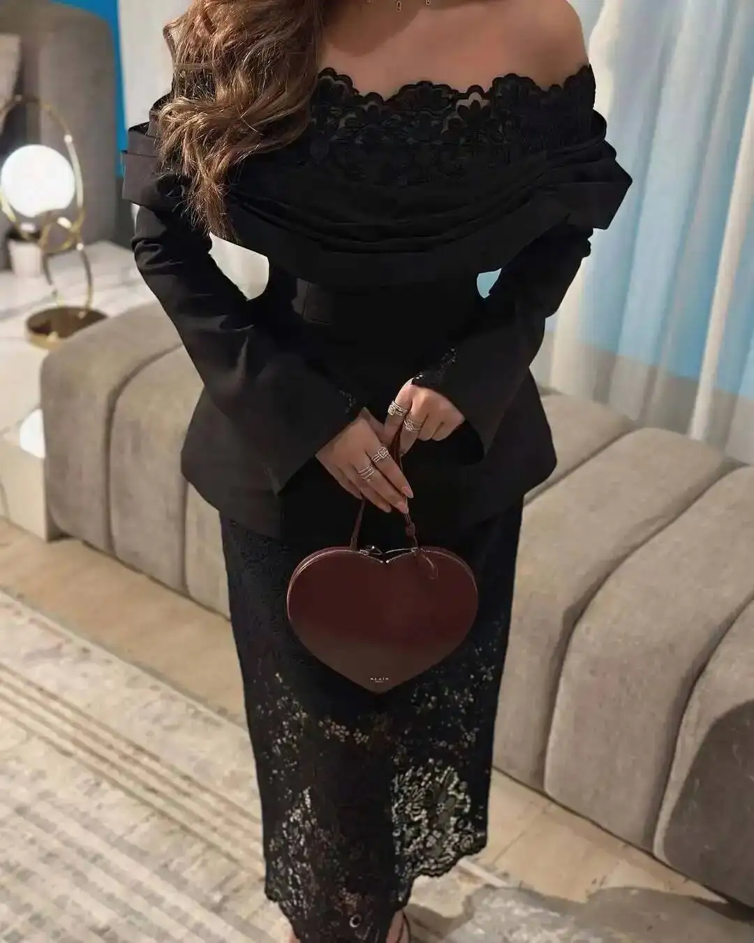LGRQ 2026 Slash Collar Spring And Autumn Flare Sleeves Slim High Waist Women's Sexy Bodycon Off-Shoulder Lace Evening Dress