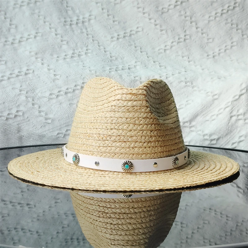 Vintage raffia straw fedora hats men women top hats jazz hat summer shade versatile sunscreen raffia flat-brim sun hat panama