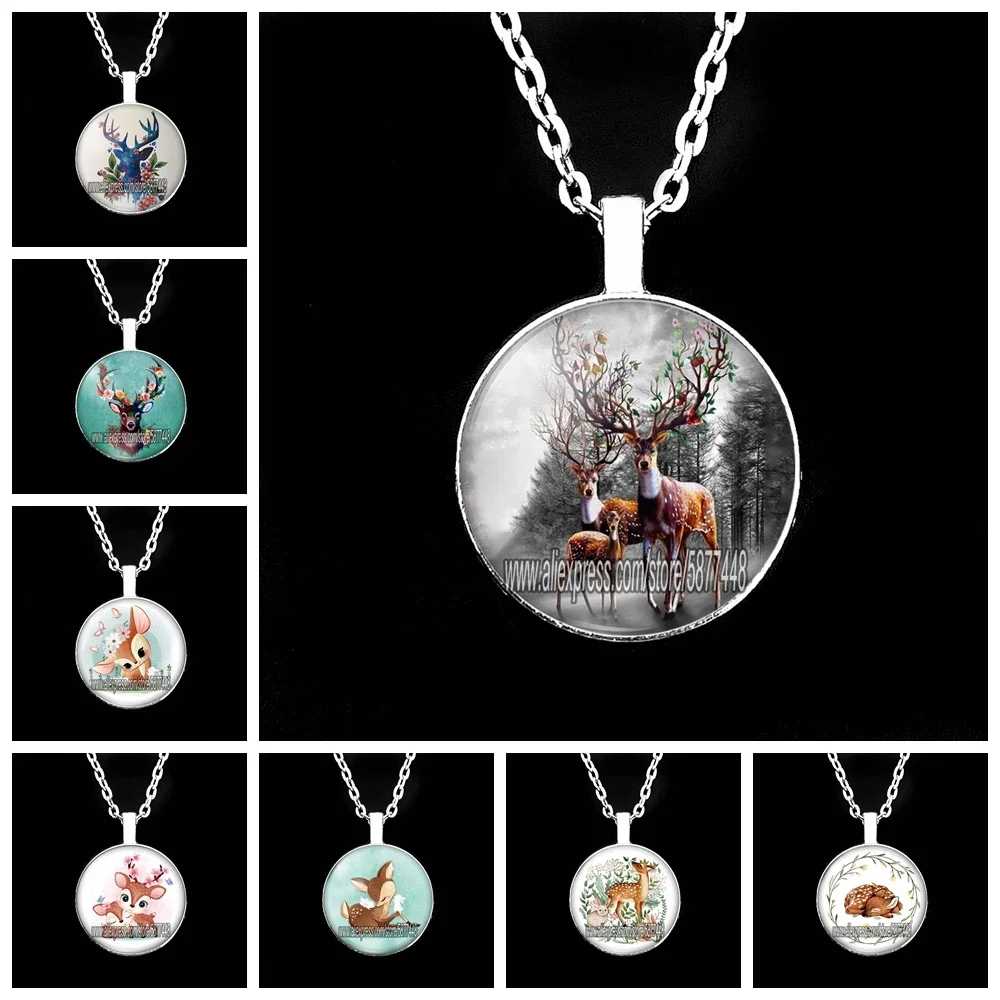 Beautiful Flower Horned Deer Glass Pendent Necklace Fashion Cartoon Sika Deer Chain Necklace Elk Deer Necklace for Women