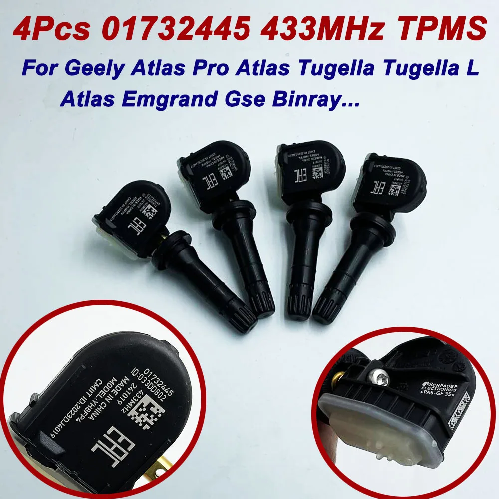 

New 4Pcs 01732445 1017032445 Car 433Mhz TPMS Sensor Tire Pressure Sensor Monitoring System for Geely GSE Atlas Tugella Binray