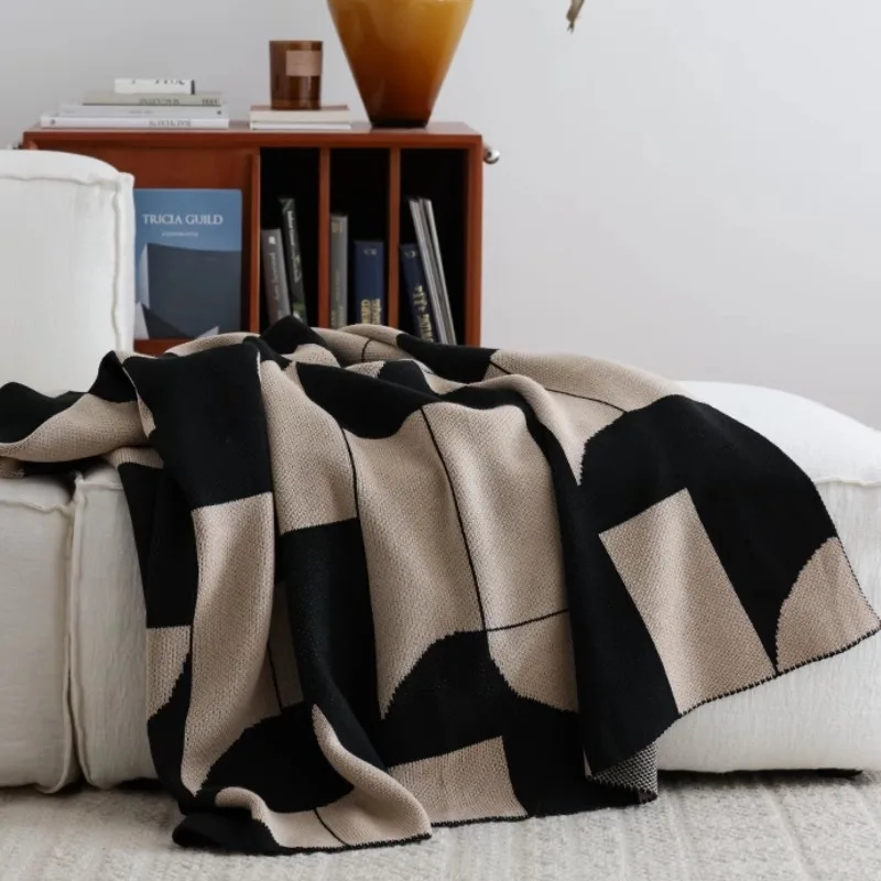 Khaki Black Geometric Warm Home Luxury Modern Knitted Blanket Cotton Bedspread Cobertor Vintage Artistic Throw Bedding