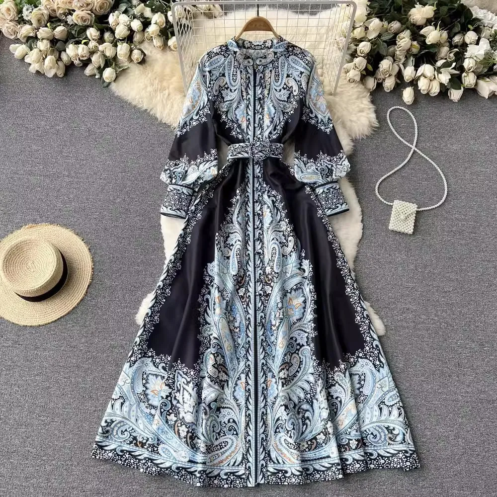 Elegant Retro Print Maxi Dress Women Spring Summer Long Lantern Sleeve Single Breasted Dresses With Belt Party Vestidos