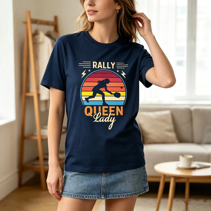 Rally Queen Lady Graphic T-Shirt Retro Sunset Pickleball Player Print Black Navy Cotton Tee Casual Streetwear Men Women Summer