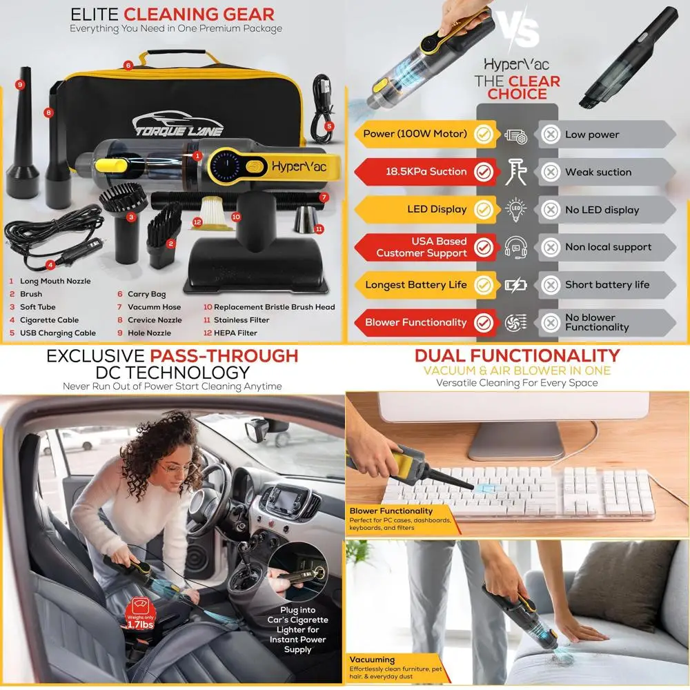 

Портативный автомобильный пылесос и вентилятор 2-в-1, всасывание 18500 Па, светодиодная подсветка, гибкие шланги, быстрая зарядка USB-C для дома, офиса, a