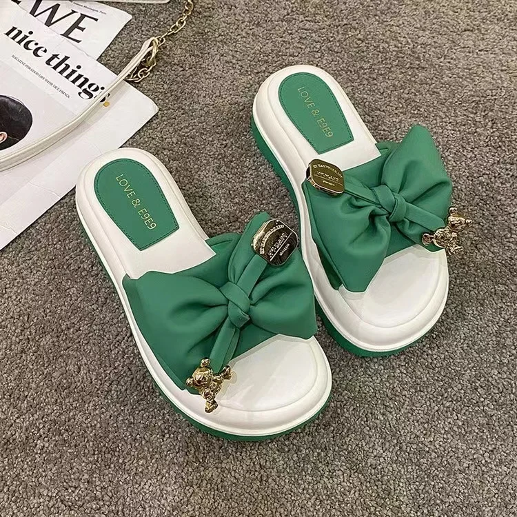 Fashion Flat Heels Butterfly Metal Decor Slippers Women Flip Flop Green Sandals New Summer Slides Chanclas Mujer  Ladies Shoes