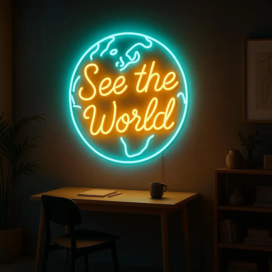 See the World Neon Sign Planet Earth Neon Adventure Wall Art Decor Home Bedroom Decor Travel Lovers Gift