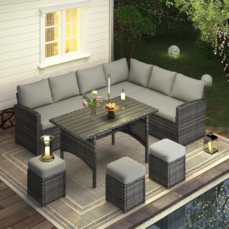 7 Pieces Patio Furniture Set Outdoor Sectional Sofa Conversation Set All Weather Wicker Rattan Couch with High Dining Table