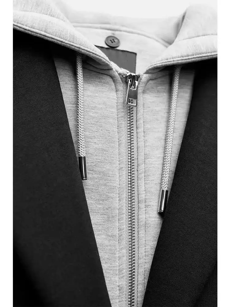 

Woolen Coat Fake Two-Piece Long Sve Suit Collar Hooded Winter Jaet Women's Straight Cut Vintage Sle Casual Outerwear